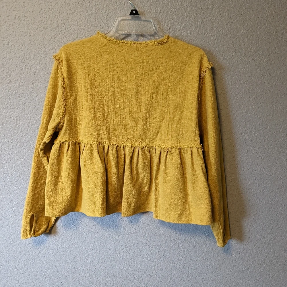 Zara Boho Crop Top Yellow Mustard Babydoll Long Sleeve Sz. L